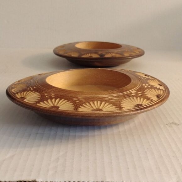 Handmade Carved Round Wooden Candle Base Catch All Bowl Boho Bohemain Eclectic - Picture 4 of 7